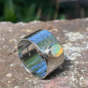 Frosa Flow Solid Silver and Ethiopian Opal Wide Band Ring. Size R
