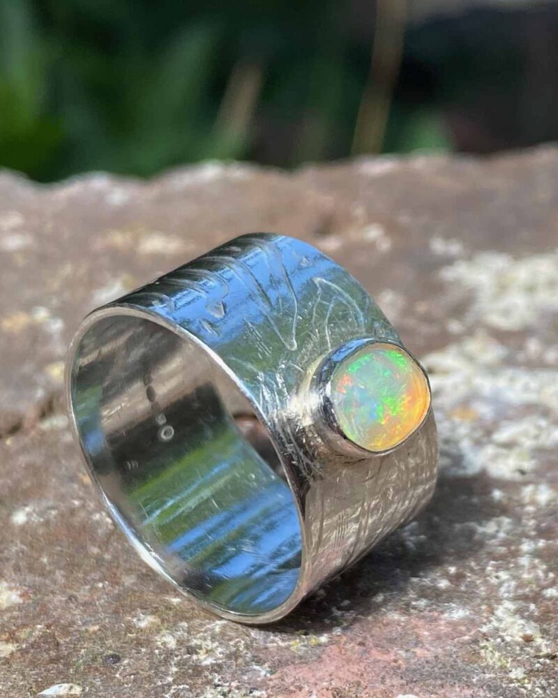 Frosa Flow Solid Silver and Ethiopian Opal Wide Band Ring. Size R